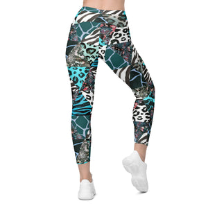 Blue Animal Print Crossover Leggings with Pockets