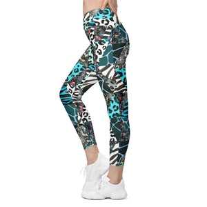 Blue Animal Print Crossover Leggings with Pockets