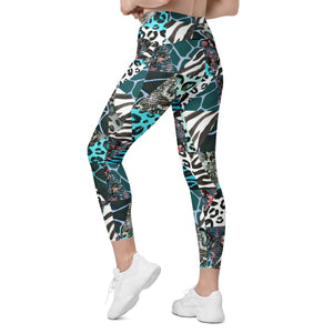 Blue Animal Print Crossover Leggings with Pockets