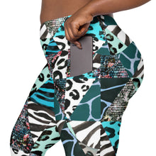 Load image into Gallery viewer, Blue Animal Print Crossover Leggings with Pockets