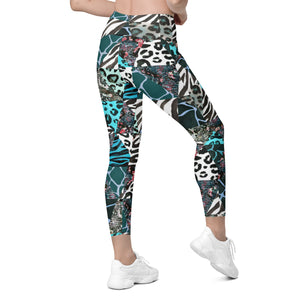 Blue Animal Print Crossover Leggings with Pockets