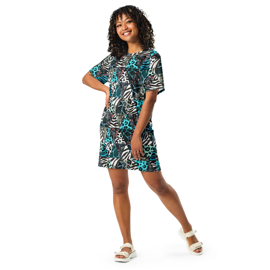 Blue Animal Print T-shirt Dress