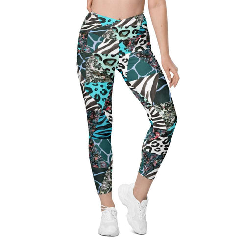 Blue Animal Print Crossover Leggings with Pockets - Happiness Looks Beautiful