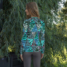 Load image into Gallery viewer, Blue Animal Print Women&#39;s Rash Guard - Happiness Looks Beautiful