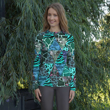 Load image into Gallery viewer, Blue Animal Print Women&#39;s Rash Guard - Happiness Looks Beautiful