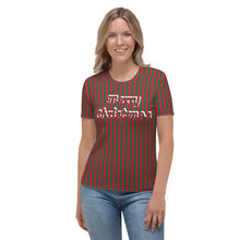 Load image into Gallery viewer, Green and Red Striped Merry Christmas T-shirt - Happiness Looks Beautiful